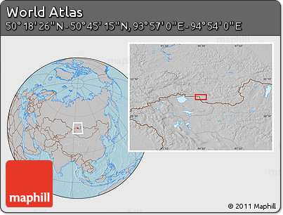 Gray Location Map of the Area around 50° 31' 50" N, 94° 25' 30" E, hill shading