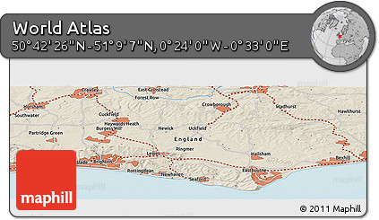 Shaded Relief Panoramic Map of the Area around 50° 55' 47" N, 0° 4' 30" E