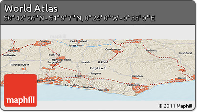 Shaded Relief Panoramic Map of the Area around 50° 55' 47" N, 0° 4' 30" E
