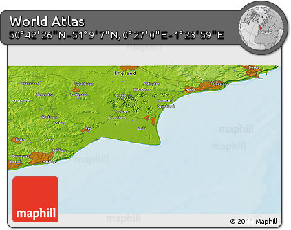 Physical 3D Map of the Area around 50° 55' 47" N, 0° 55' 29" E