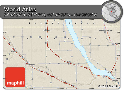 Shaded Relief Map of the Area around 50° 55' 47" N, 105° 19' 29" W