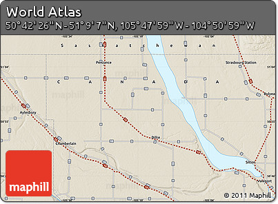 Shaded Relief Map of the Area around 50° 55' 47" N, 105° 19' 29" W