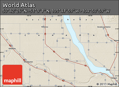 Shaded Relief Map of the Area around 50° 55' 47" N, 105° 19' 29" W