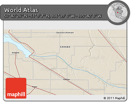 Shaded Relief 3D Map of the Area around 50° 55' 47" N, 106° 10' 30" W