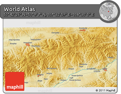 Physical 3D Map of the Area around 50° 55' 47" N, 108° 1' 30" E