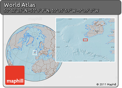 Gray Location Map of the Area around 50° 55' 47" N, 10° 7' 30" W, hill shading