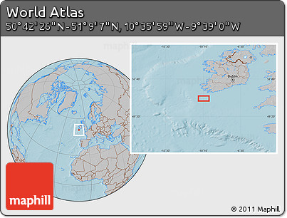 Gray Location Map of the Area around 50° 55' 47" N, 10° 7' 30" W, hill shading