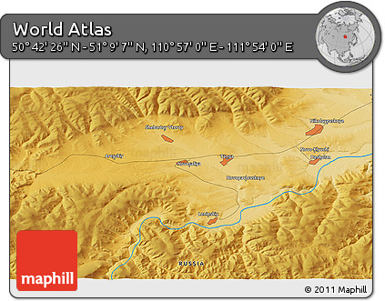 Physical 3D Map of the Area around 50° 55' 47" N, 111° 25' 30" E