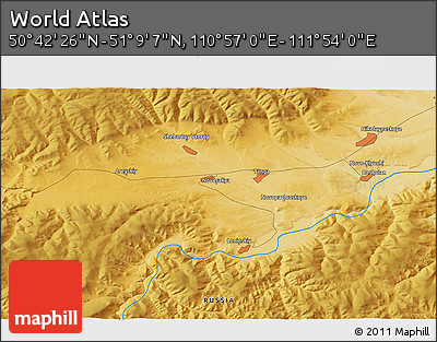 Physical 3D Map of the Area around 50° 55' 47" N, 111° 25' 30" E