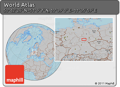 Gray Location Map of the Area around 50° 55' 47" N, 11° 7' 30" E, hill shading