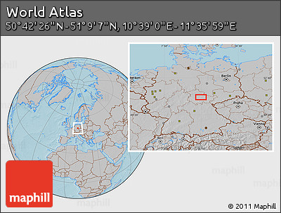 Gray Location Map of the Area around 50° 55' 47" N, 11° 7' 30" E, hill shading