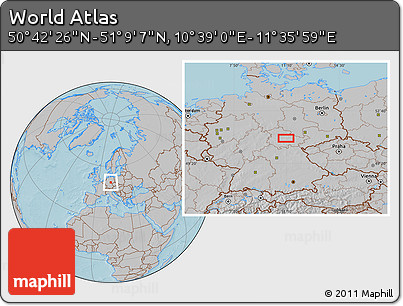 Gray Location Map of the Area around 50° 55' 47" N, 11° 7' 30" E, hill shading