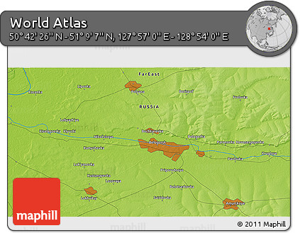 Physical 3D Map of the Area around 50° 55' 47" N, 128° 25' 30" E