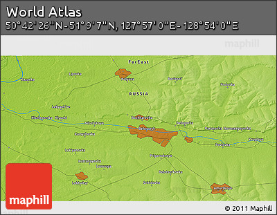 Physical 3D Map of the Area around 50° 55' 47" N, 128° 25' 30" E