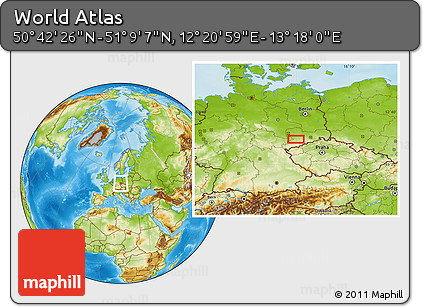 Physical Location Map of the Area around 50° 55' 47" N, 12° 49' 29" E
