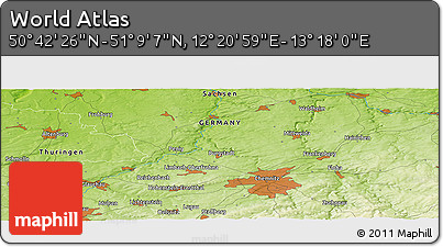 Physical Panoramic Map of the Area around 50° 55' 47" N, 12° 49' 29" E