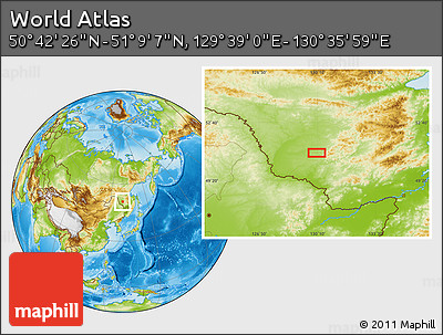 Physical Location Map of the Area around 50° 55' 47" N, 130° 7' 30" E