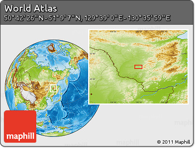 Physical Location Map of the Area around 50° 55' 47" N, 130° 7' 30" E