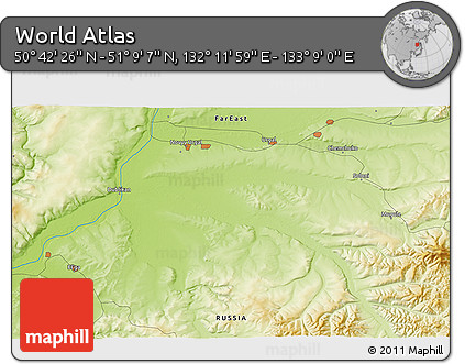 Physical 3D Map of the Area around 50° 55' 47" N, 132° 40' 30" E