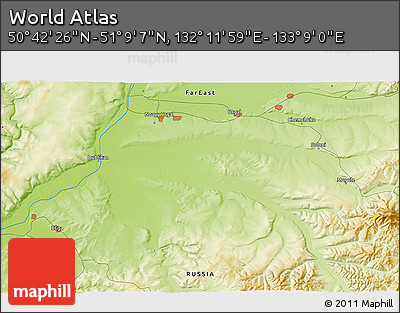Physical 3D Map of the Area around 50° 55' 47" N, 132° 40' 30" E