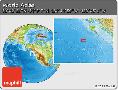 Physical Location Map of the Area around 50° 55' 47" N, 134° 13' 29" W