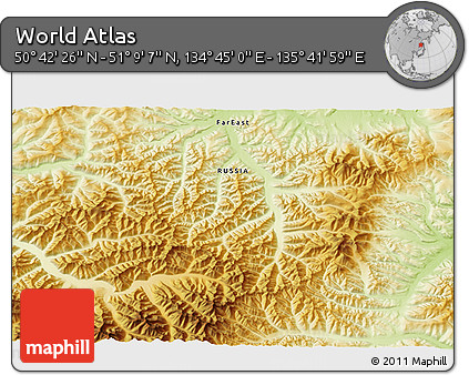 Physical 3D Map of the Area around 50° 55' 47" N, 135° 13' 29" E