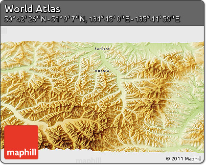 Physical 3D Map of the Area around 50° 55' 47" N, 135° 13' 29" E