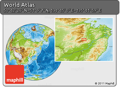 Physical Location Map of the Area around 50° 55' 47" N, 135° 13' 29" E