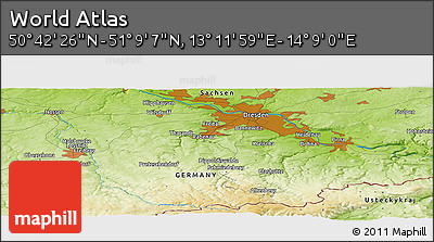 Physical Panoramic Map of the Area around 50° 55' 47" N, 13° 40' 30" E