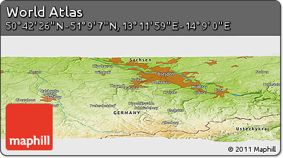 Physical Panoramic Map of the Area around 50° 55' 47" N, 13° 40' 30" E