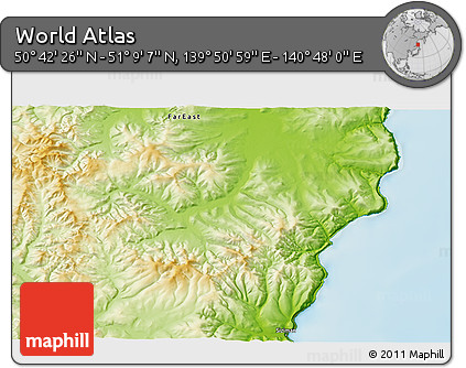 Physical 3D Map of the Area around 50° 55' 47" N, 140° 19' 29" E