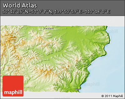 Physical 3D Map of the Area around 50° 55' 47" N, 140° 19' 29" E