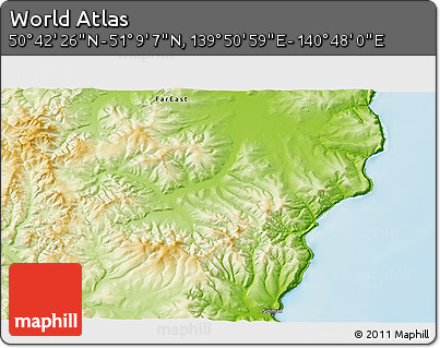 Physical 3D Map of the Area around 50° 55' 47" N, 140° 19' 29" E