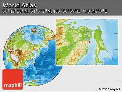 Physical Location Map of the Area around 50° 55' 47" N, 140° 19' 29" E