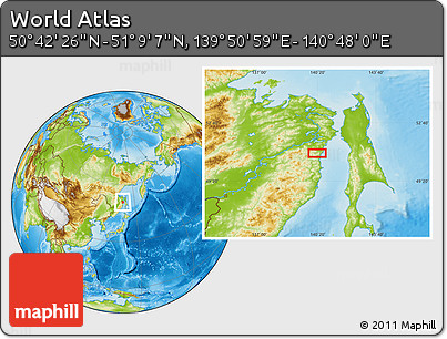 Physical Location Map of the Area around 50° 55' 47" N, 140° 19' 29" E