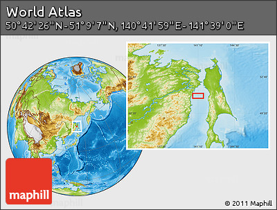 Physical Location Map of the Area around 50° 55' 47" N, 141° 10' 30" E