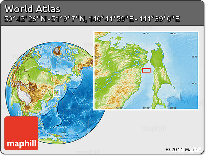 Physical Location Map of the Area around 50° 55' 47" N, 141° 10' 30" E
