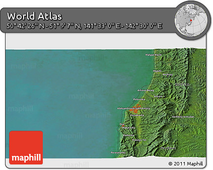 Satellite 3D Map of the Area around 50° 55' 47" N, 142° 1' 30" E