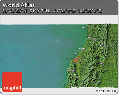 Satellite 3D Map of the Area around 50° 55' 47" N, 142° 1' 30" E