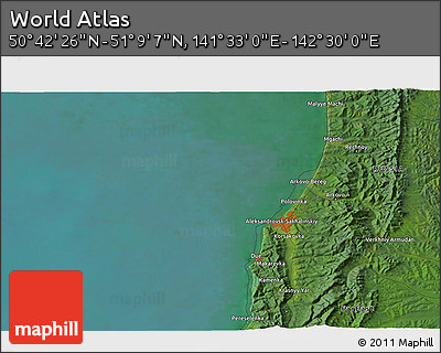 Satellite 3D Map of the Area around 50° 55' 47" N, 142° 1' 30" E