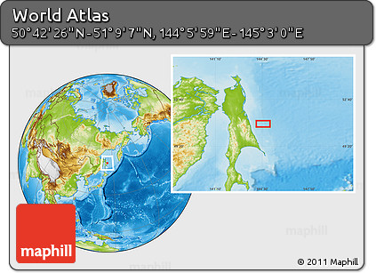 Physical Location Map of the Area around 50° 55' 47" N, 144° 34' 29" E