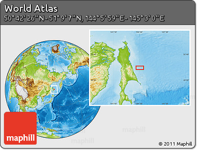Physical Location Map of the Area around 50° 55' 47" N, 144° 34' 29" E