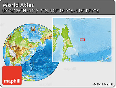 Physical Location Map of the Area around 50° 55' 47" N, 146° 16' 30" E