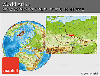 Physical Location Map of the Area around 50° 55' 47" N, 16° 13' 30" E