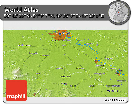 Physical 3D Map of the Area around 50° 55' 47" N, 17° 4' 30" E