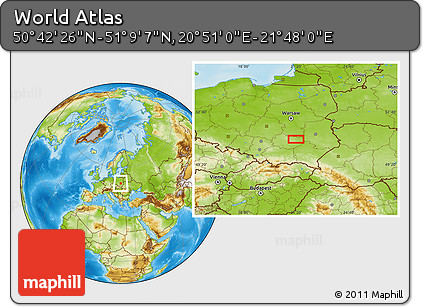 Physical Location Map of the Area around 50° 55' 47" N, 21° 19' 30" E