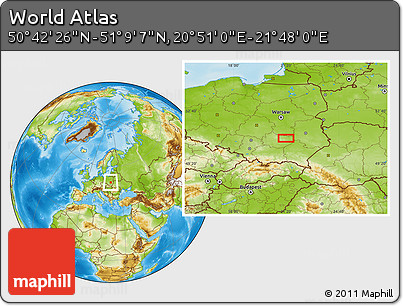 Physical Location Map of the Area around 50° 55' 47" N, 21° 19' 30" E