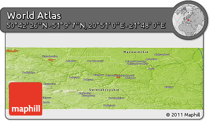 Physical Panoramic Map of the Area around 50° 55' 47" N, 21° 19' 30" E