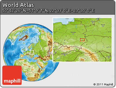 Physical Location Map of the Area around 50° 55' 47" N, 23° 1' 29" E