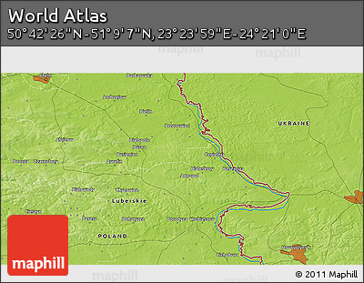 Physical 3D Map of the Area around 50° 55' 47" N, 23° 52' 30" E